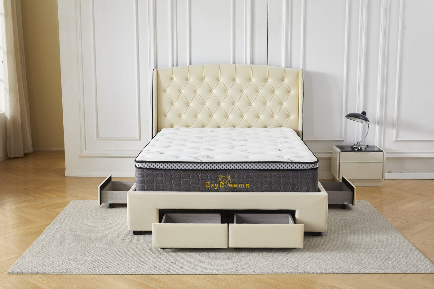 Cream four-drawer bed frame with Bamboo mattress, drawers open front view