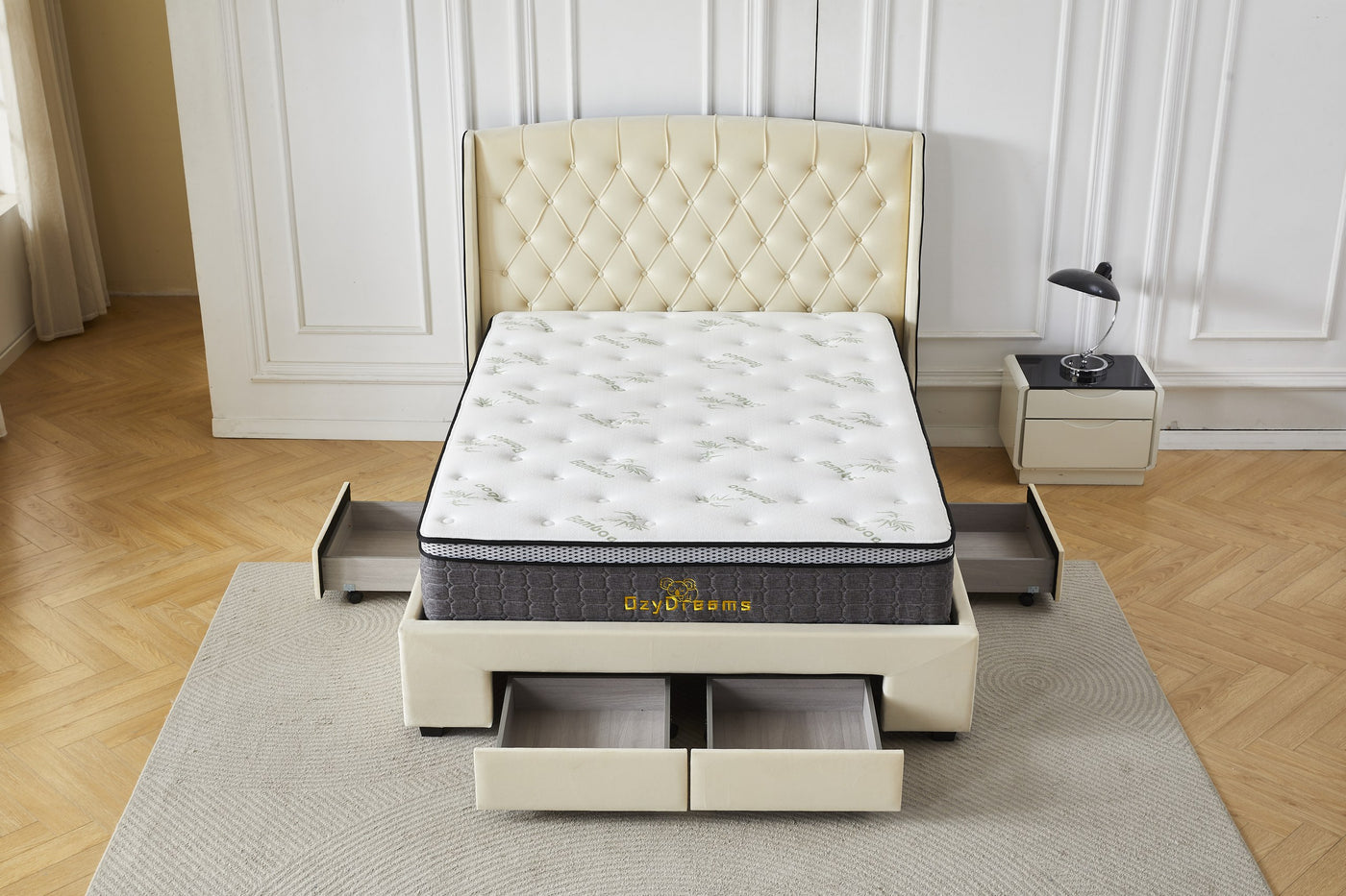 Cream four-drawer bed frame with Bamboo mattress, full front storage view