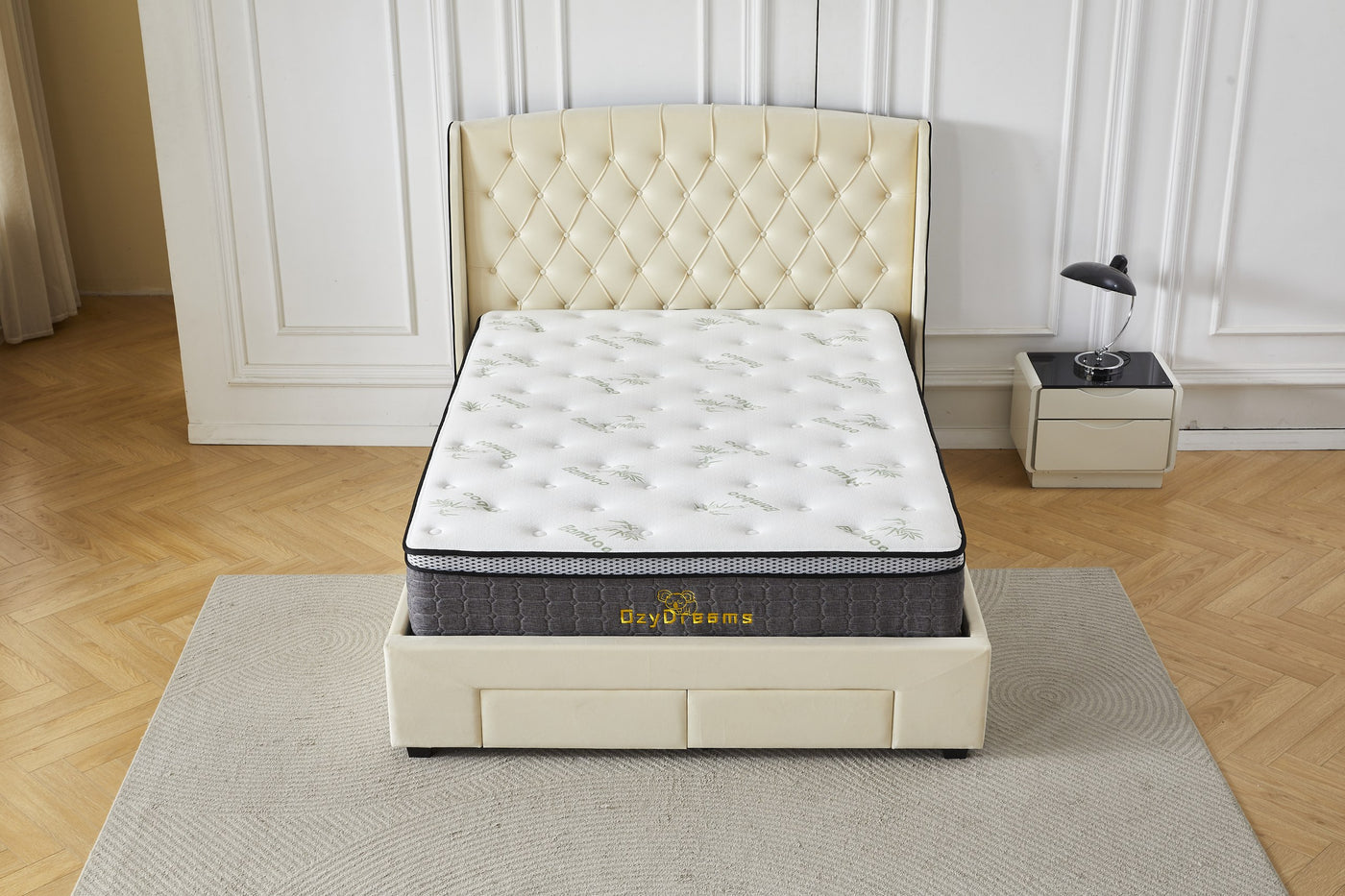 Cream four-drawer bed frame with Bamboo mattress, front view