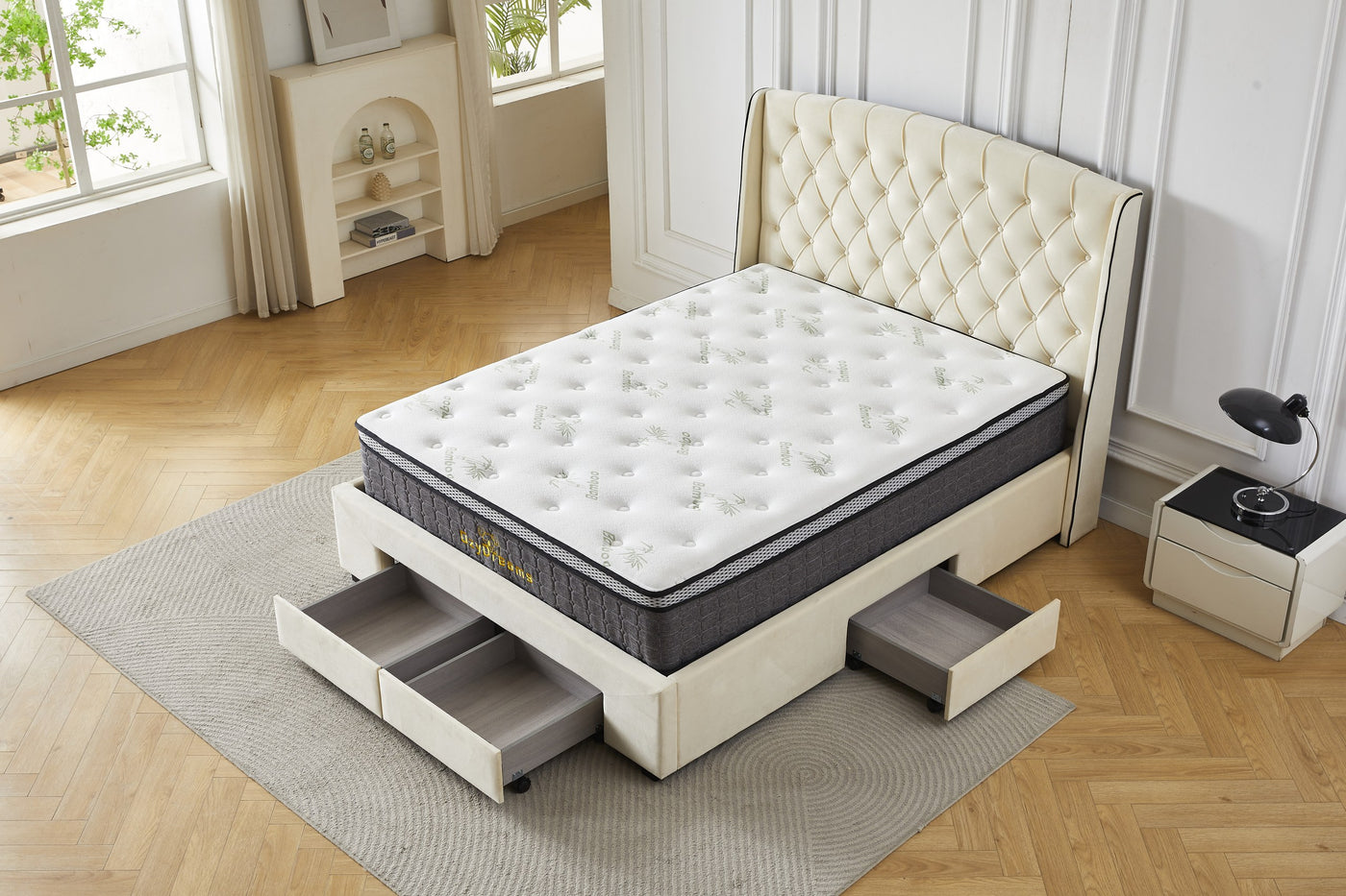 Cream four-drawer bed frame with Bamboo mattress, angled view