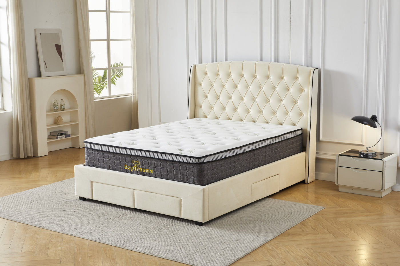 Cream four-drawer bed frame with Bamboo mattress, angled side view