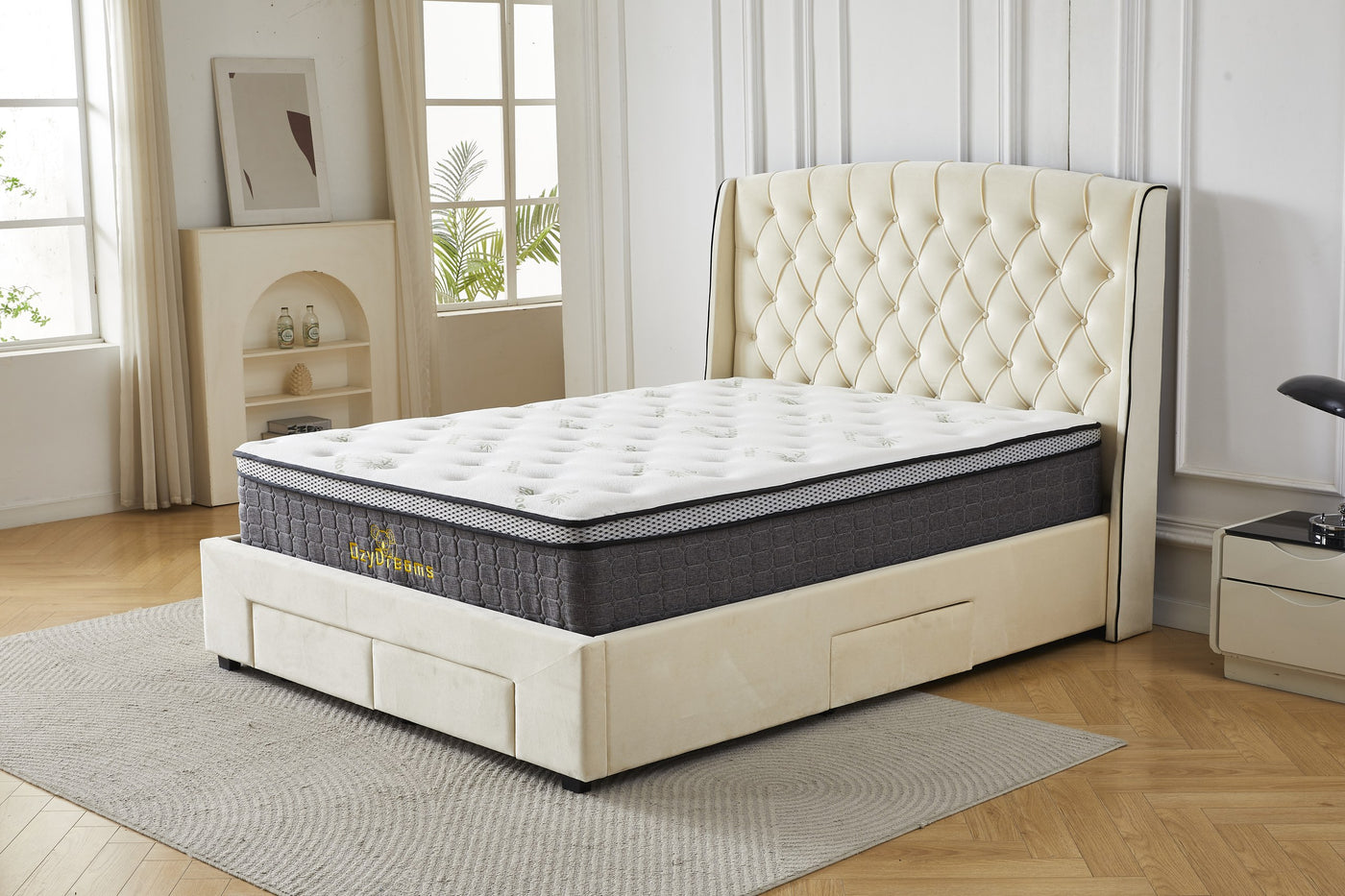 Cream four-drawer bed frame with Bamboo mattress, front view