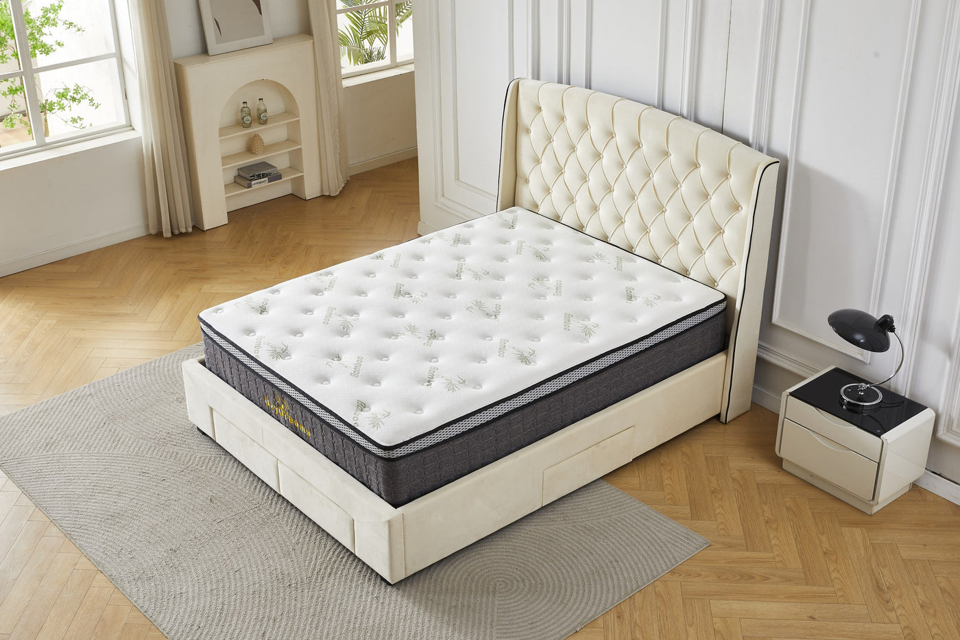 Cream four-drawer bed frame with Bamboo mattress, angled view