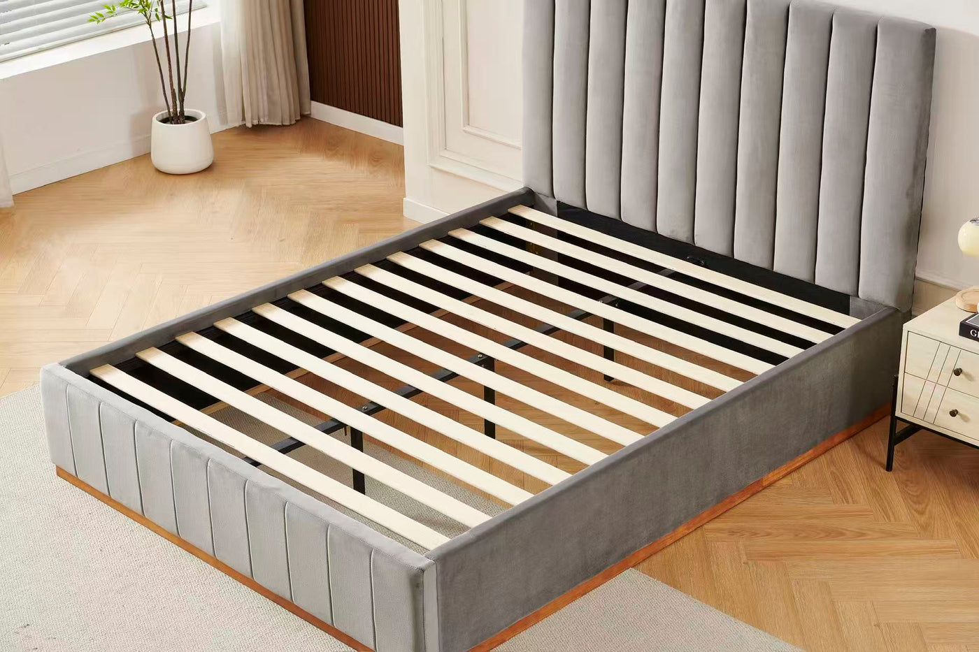 Grey Channel Tufted Velvet Bed Frame