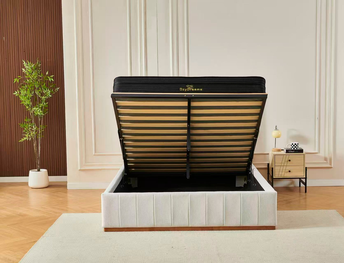 Beige Channel Bed Frame + Charcoal 20cm Bamboo Mattress (Queen Size)