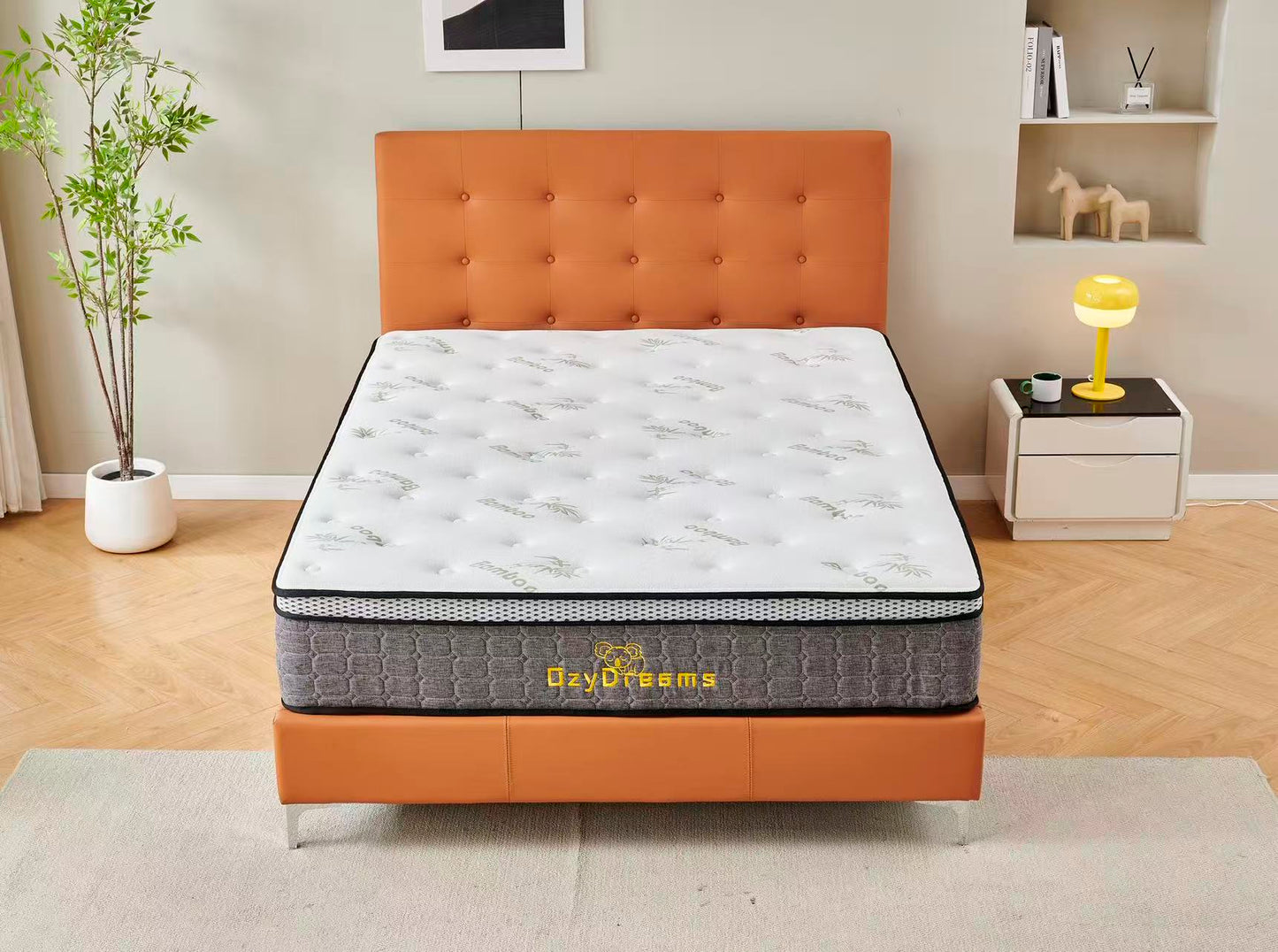 Orange Tiffany upholstered bed + White 30cm pillow top bamboo mattress