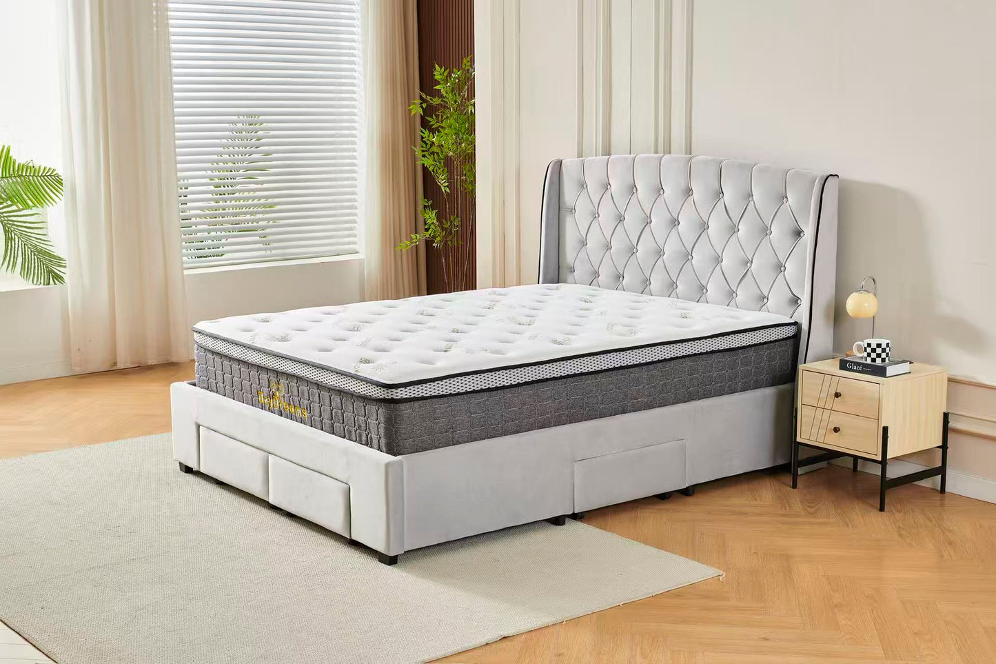 Tufted Bed Frame Light Grey (4 Drawers) + 30cm Pillow Top Bamboo Mattress