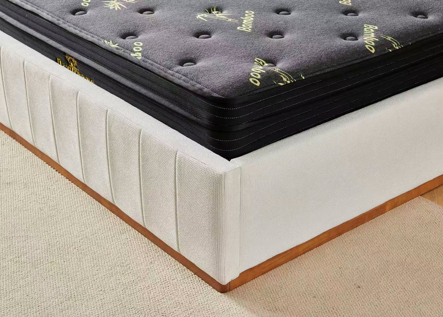 Beige Channel Bed Frame + Charcoal 20cm Bamboo Mattress (Queen Size)