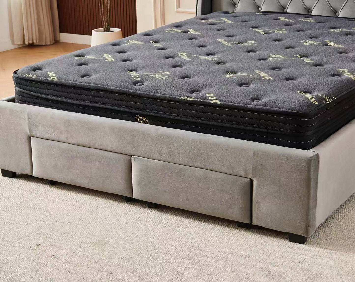 Tufted Bed Frame Dark Grey (4 Drawers) + Charcoal 20cm Bamboo Mattress