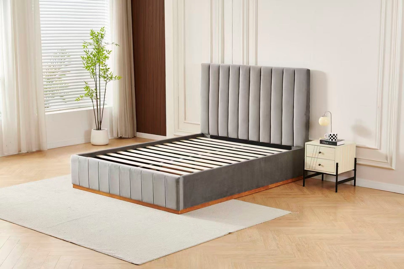 Grey Channel Tufted Velvet Bed Frame