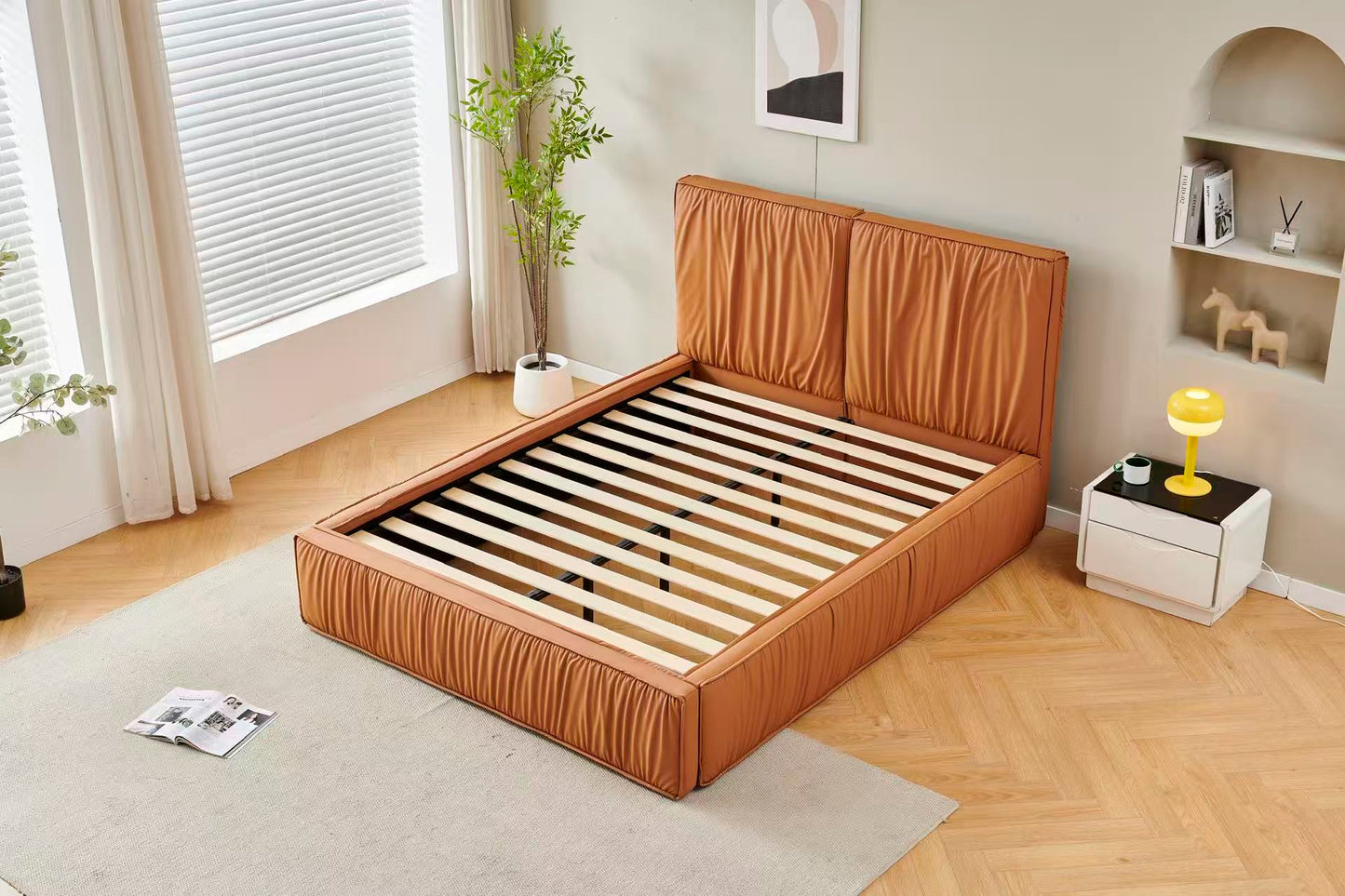 Orange Tiffany Upholstered  Pleat Bed Frame