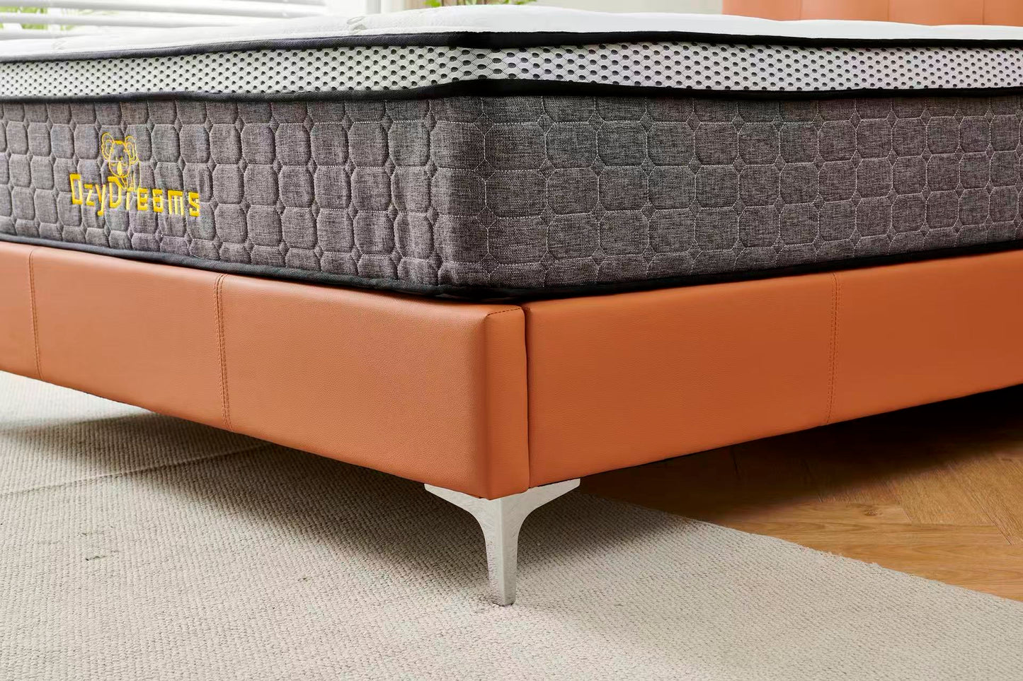 Orange Tiffany upholstered bed + White 30cm pillow top bamboo mattress