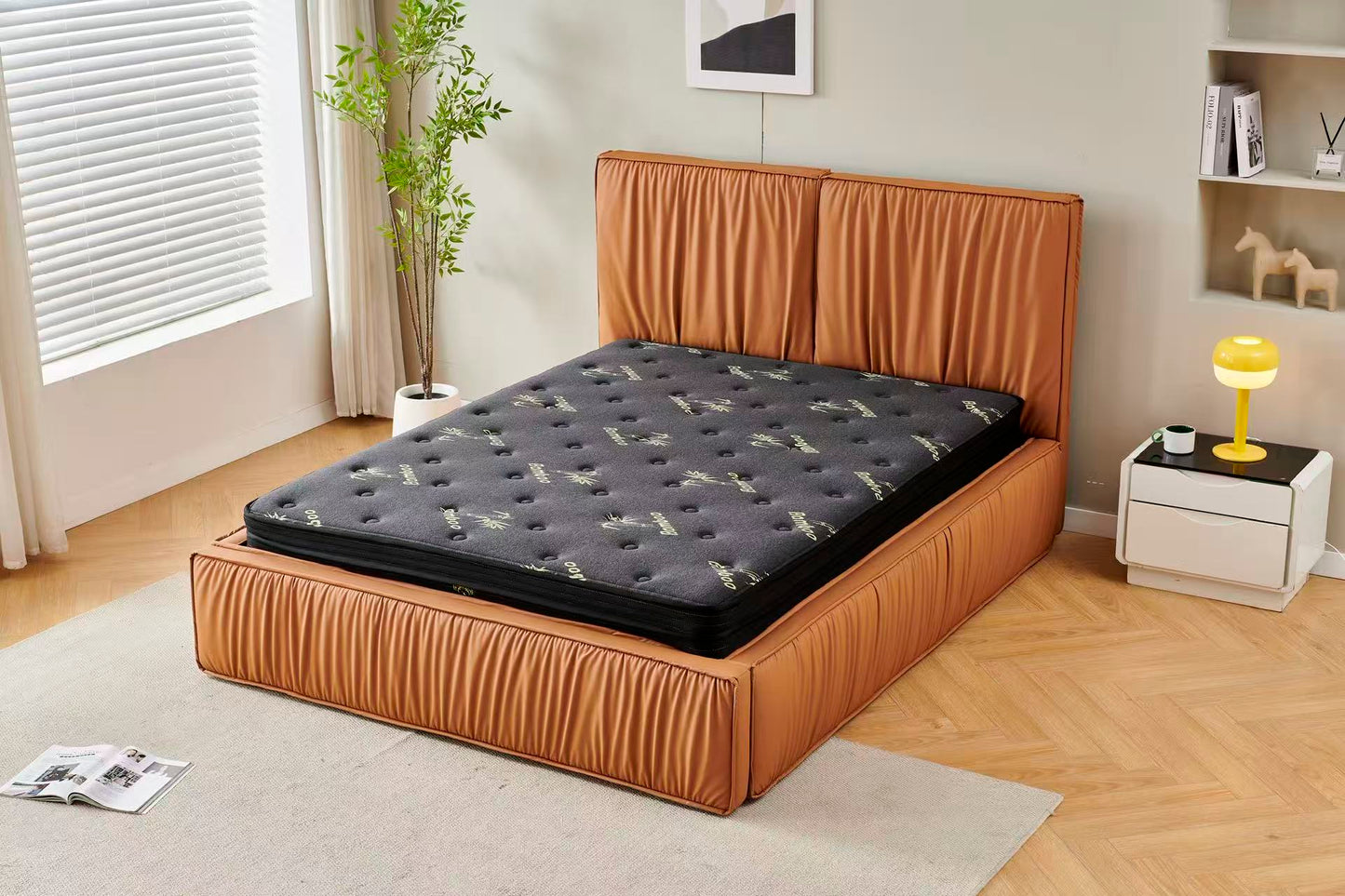 Orange Tiffany upholstered Pleat bed + Charcoal 20cm bamboo mattress