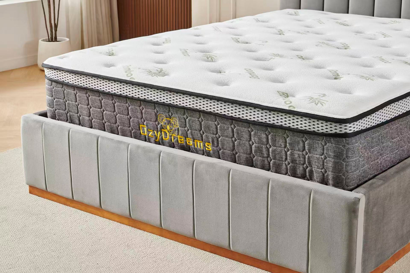 Grey Velvet Channel Bed Frame + White 30cm Pillow Top Bamboo Mattress