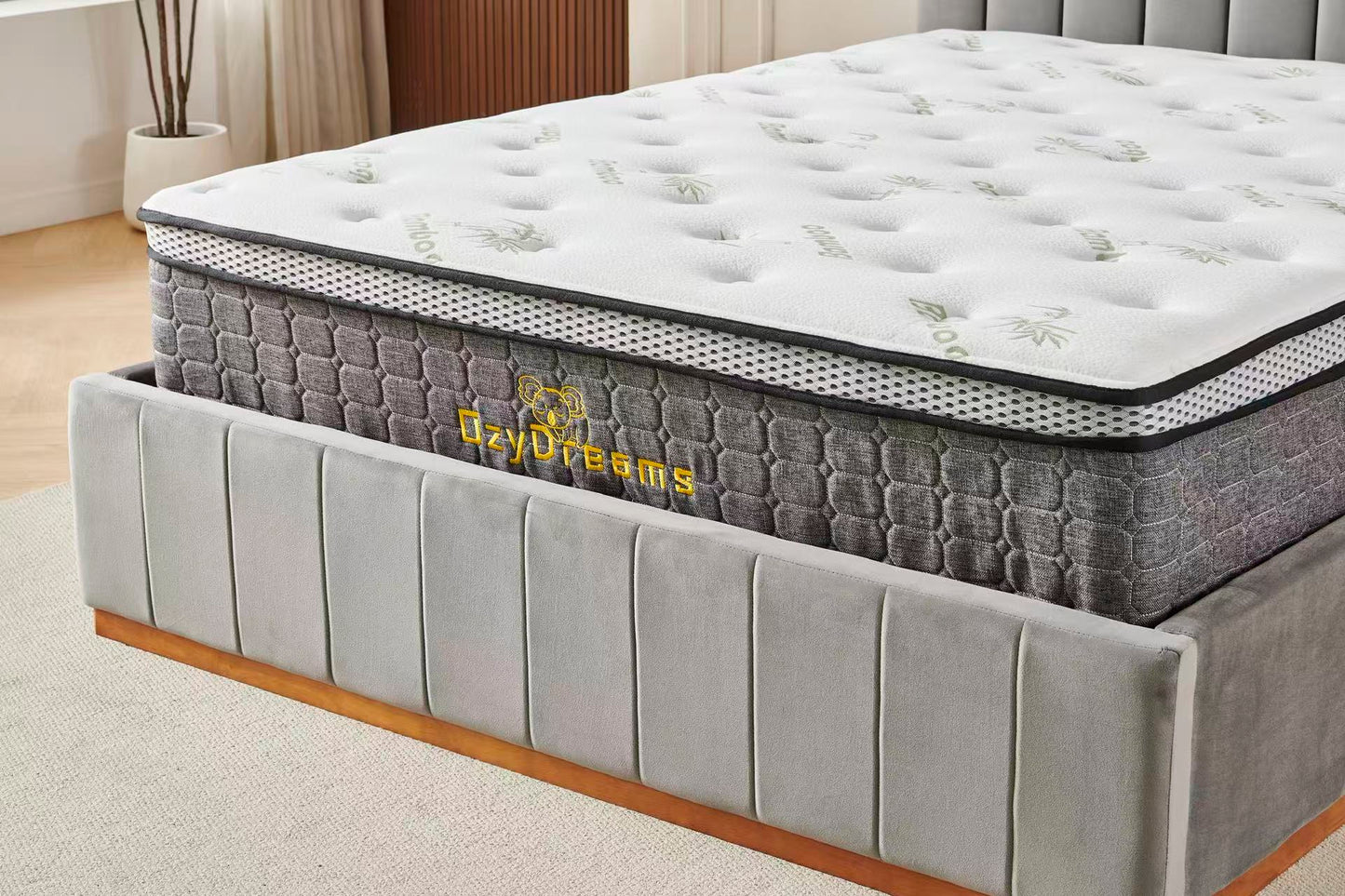 Grey Channel Bed Frame + White 30cm Pillow Top Bamboo Mattress (Queen Size)