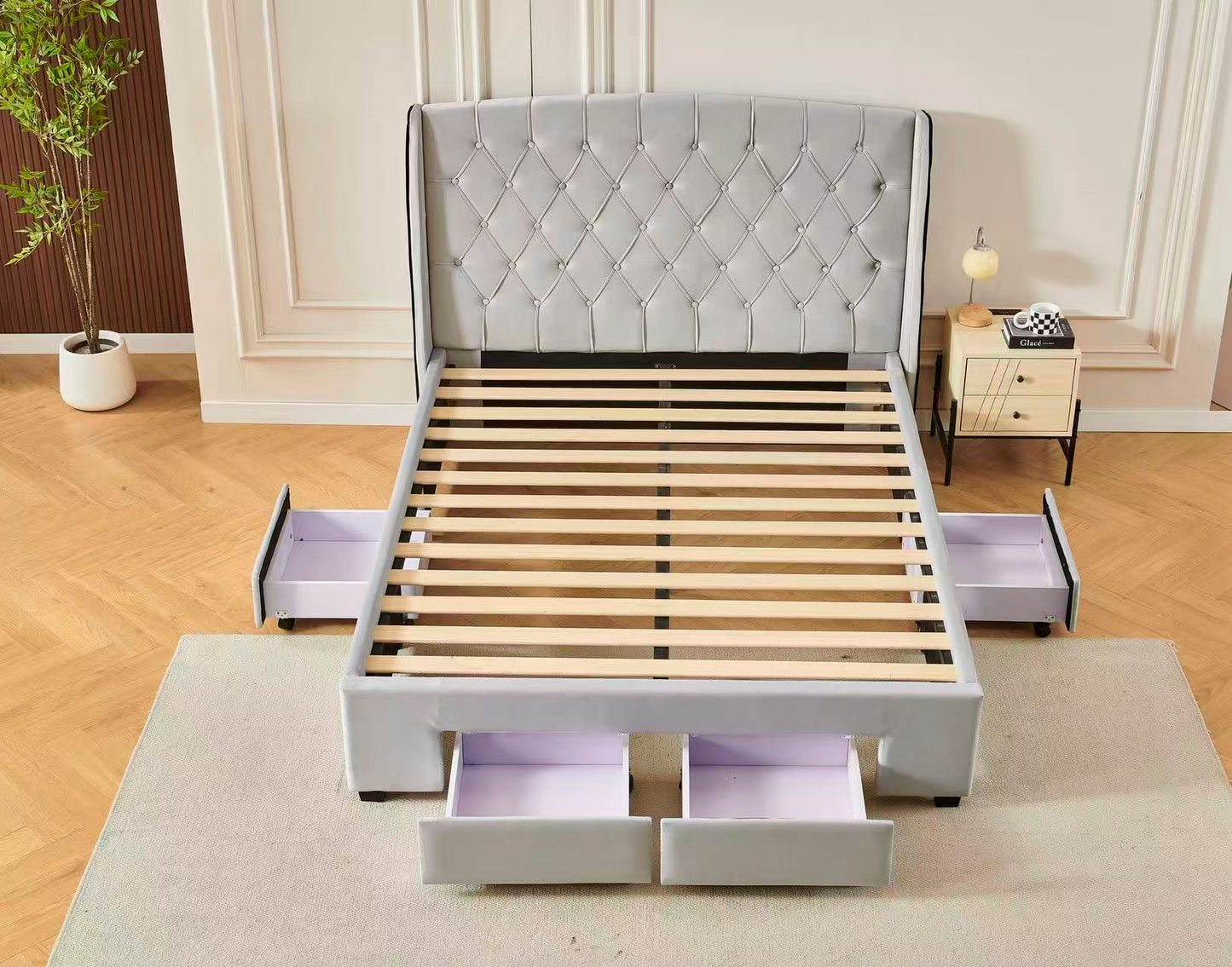 Tufted Bed Frame With Drawers Light Grey