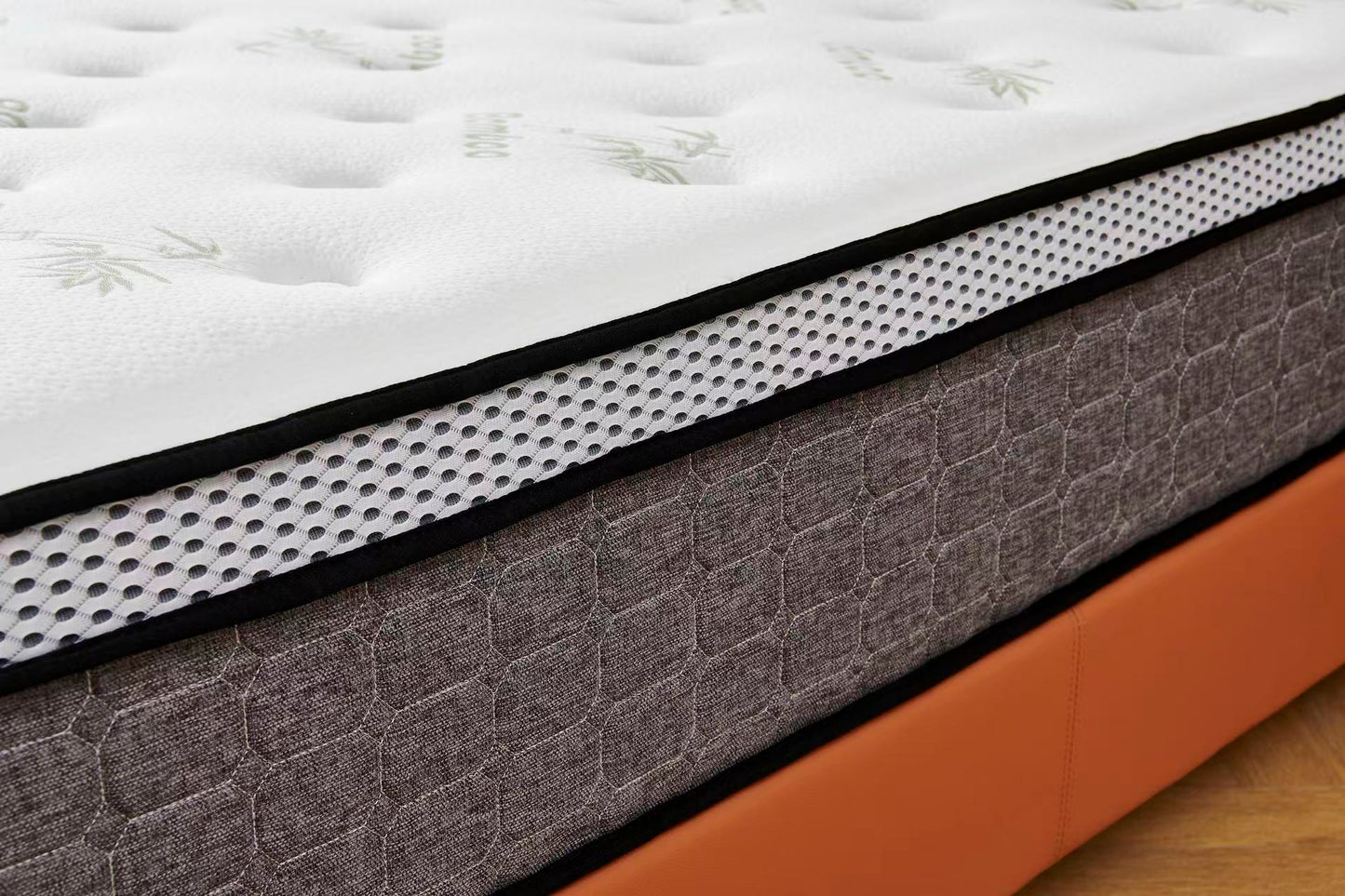 Orange Tiffany upholstered bed + White 30cm pillow top bamboo mattress