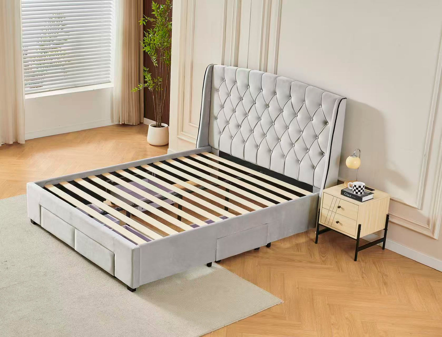 Tufted Bed Frame With Drawers Light Grey