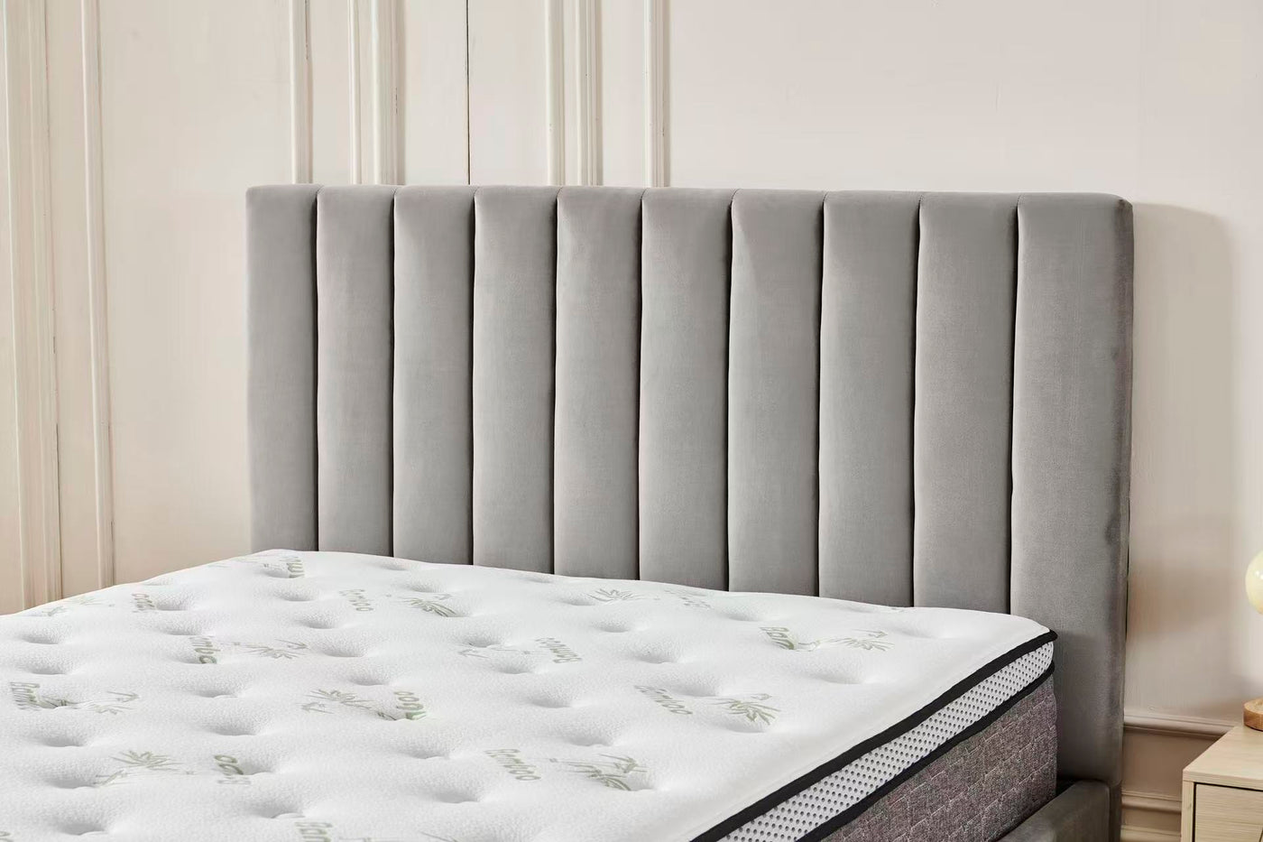 Grey Velvet Channel Bed Frame + White 30cm Pillow Top Bamboo Mattress