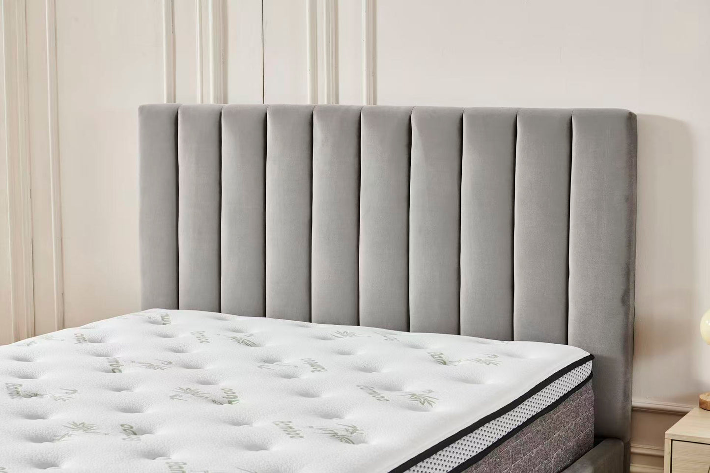 Grey Channel Bed Frame + White 30cm Pillow Top Bamboo Mattress (Queen Size)