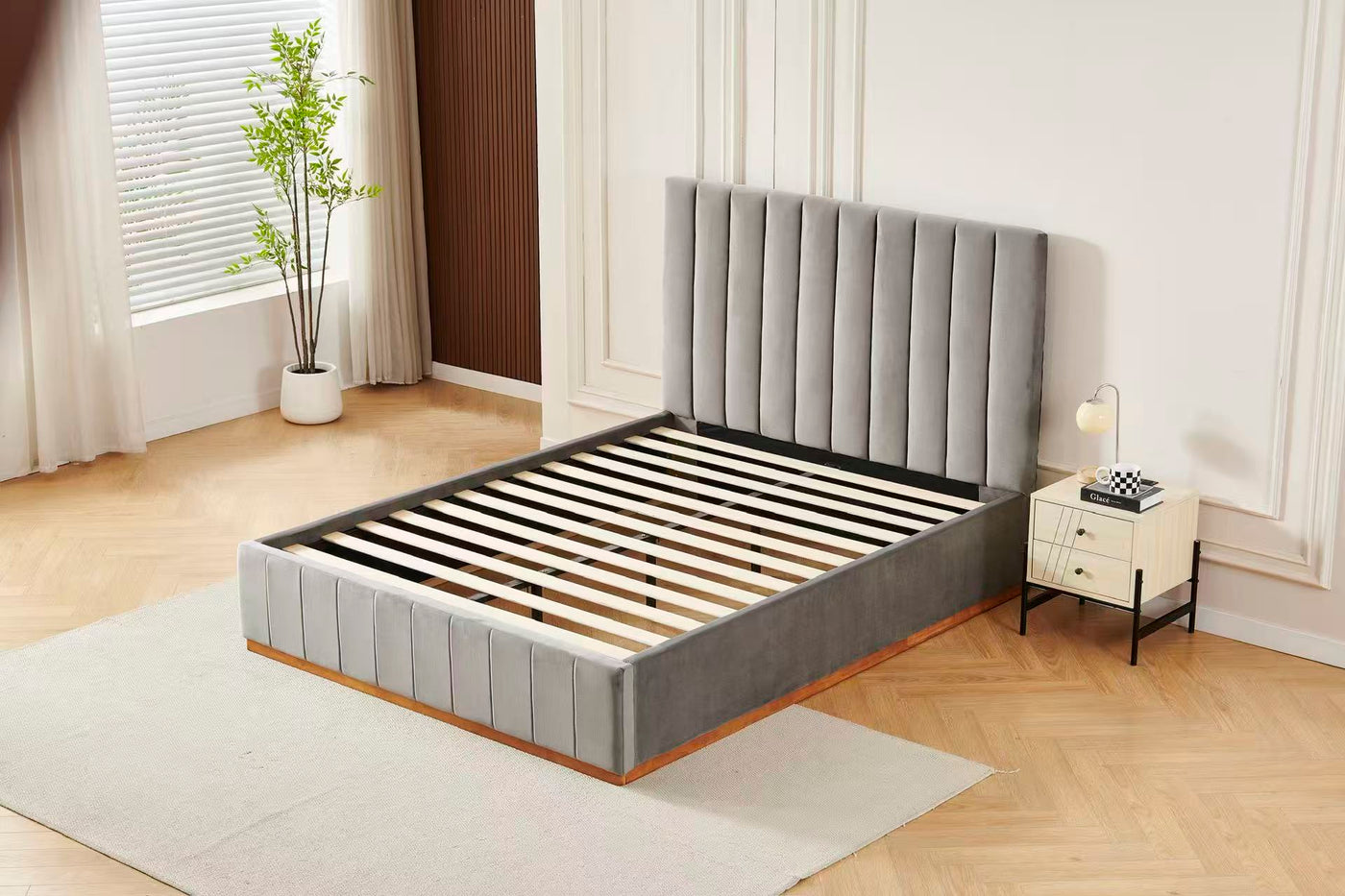 Grey Channel Tufted Velvet Bed Frame