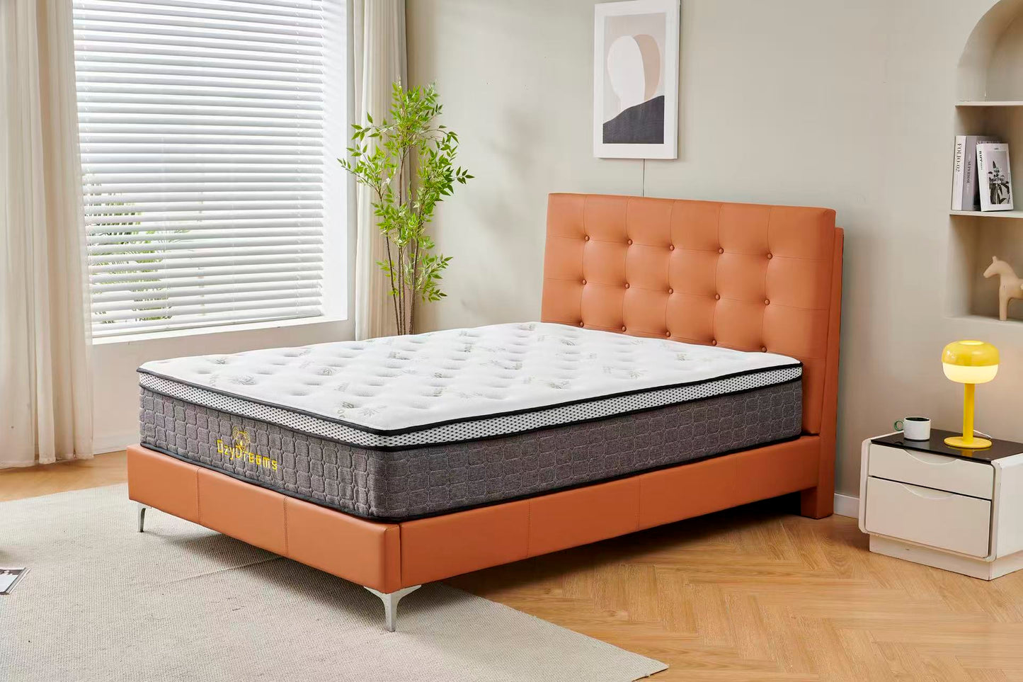 Orange Tiffany upholstered bed + White 30cm pillow top bamboo mattress