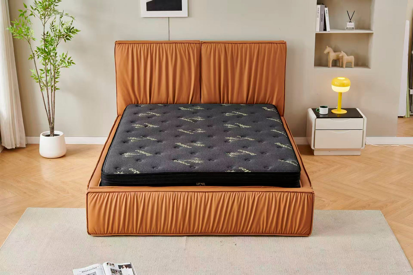Luxury leather ruched bed + Charcoal 20cm bamboo mattress