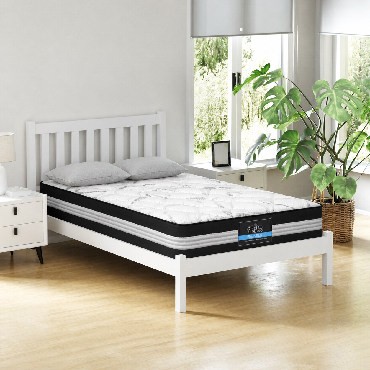 White wooden King Single bed frame with 30cm medium firm mattress and Giselle Bedding Premier front badge