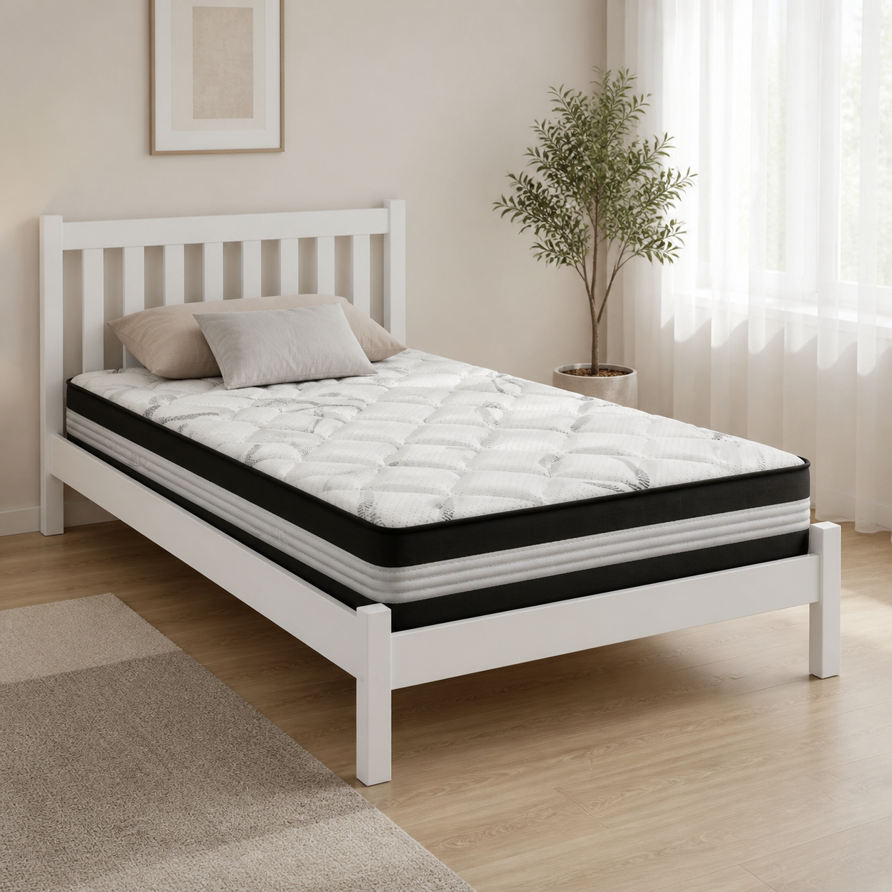 White wooden King Single bed frame with 30cm medium firm mattress package, front three-quarter view