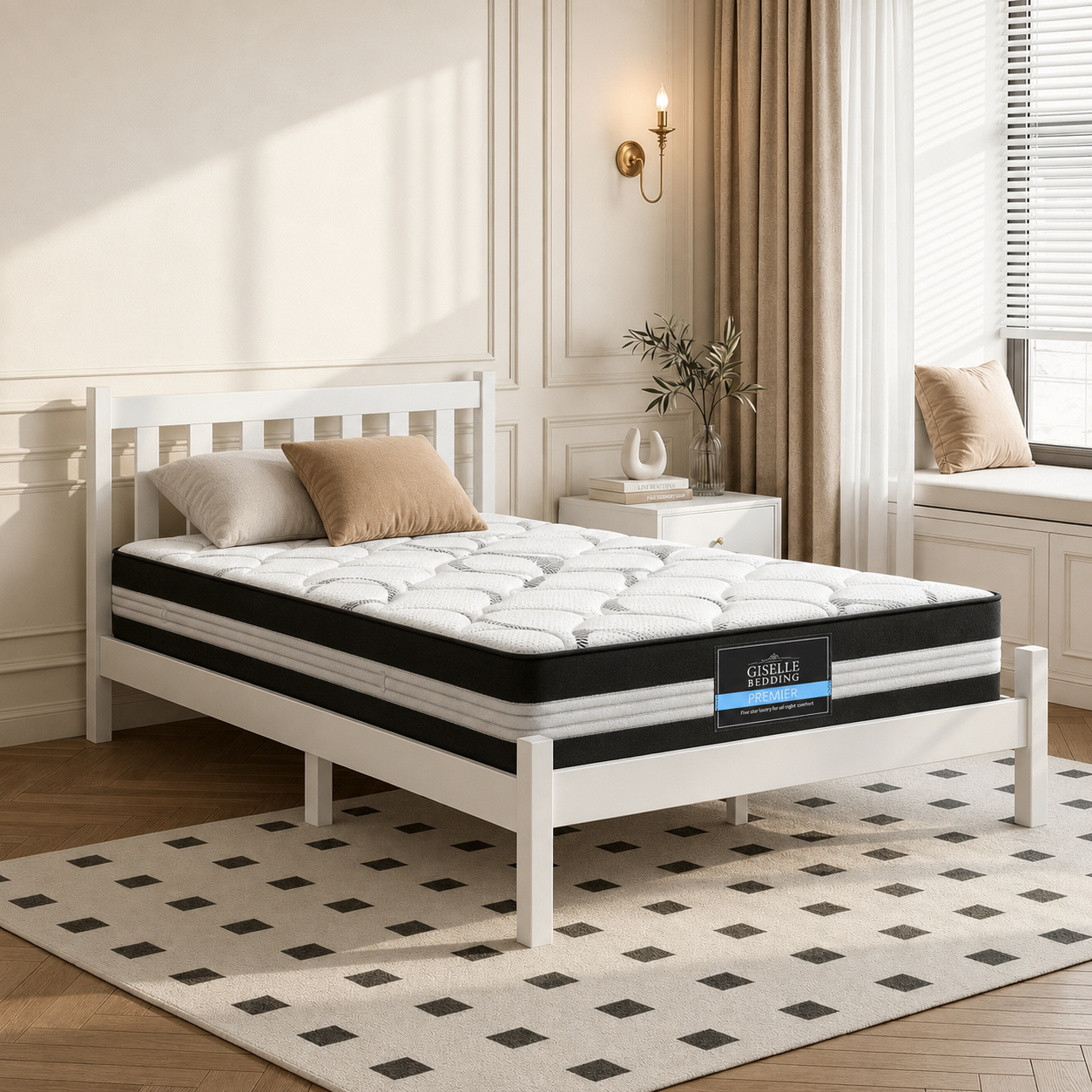 White wooden Single bed frame with 30cm medium firm mattress and Giselle Bedding Premier front badge