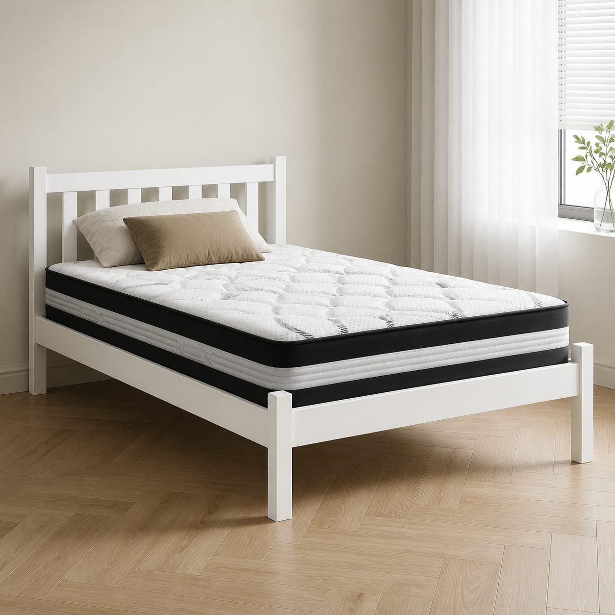 White wooden Single bed frame with 30cm medium firm mattress package, front three-quarter view