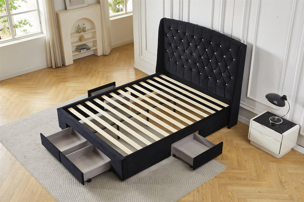 Black tufted bed frame with drawers, high angled view