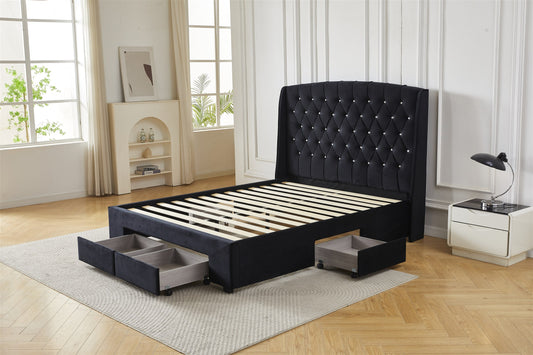 Black tufted bed frame with drawers, angled front view