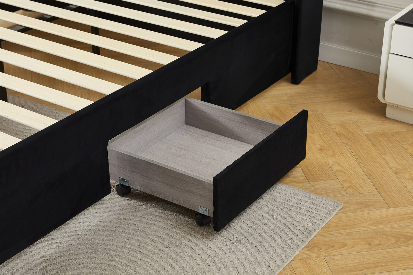 Black bed frame side drawer storage detail