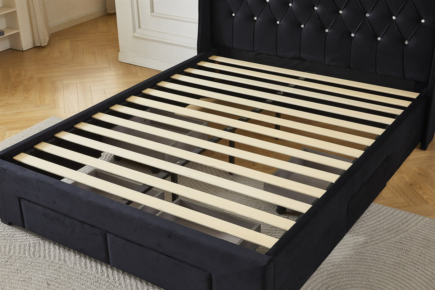 Black bed frame slat support detail