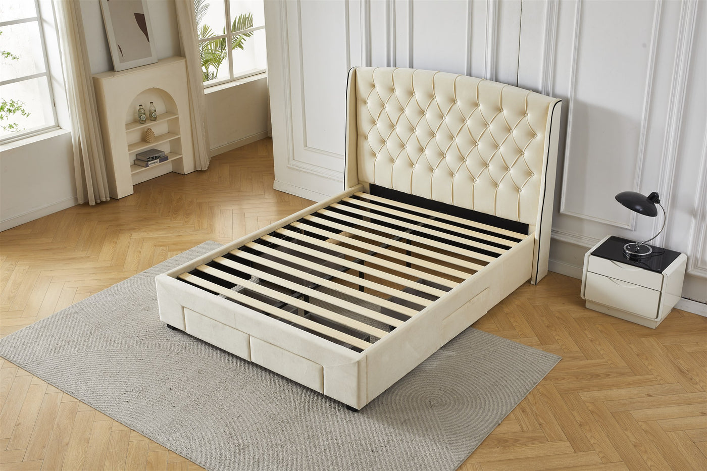 Cream tufted bed frame, front angled view