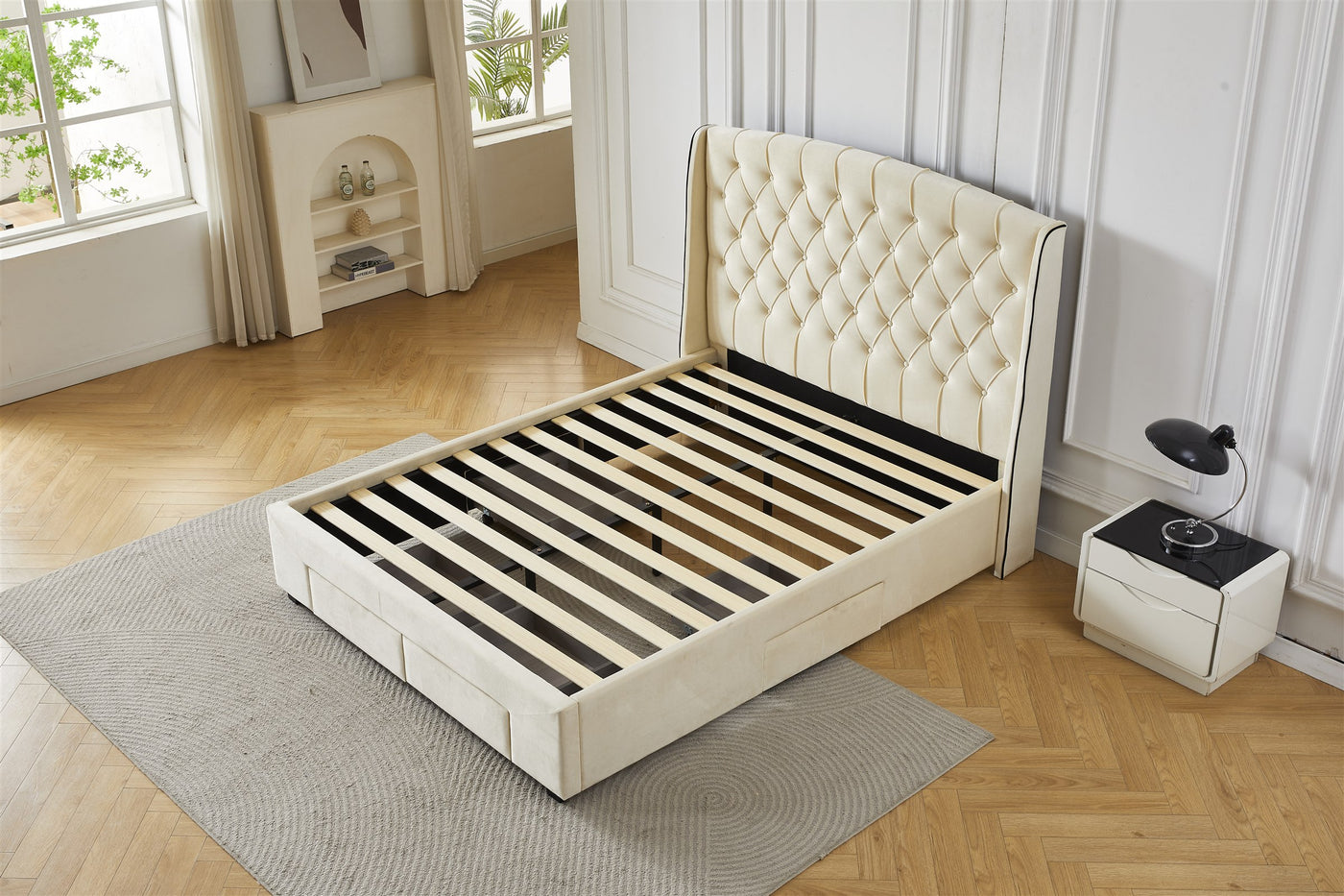 Cream tufted bed frame, wide angled view