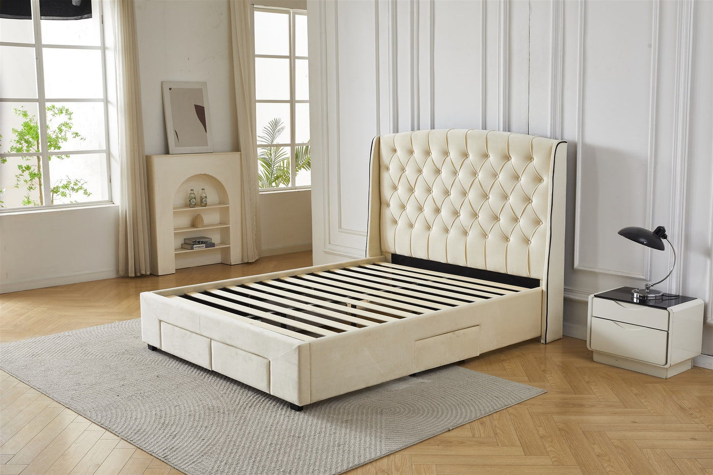 Cream tufted bed frame, angled view