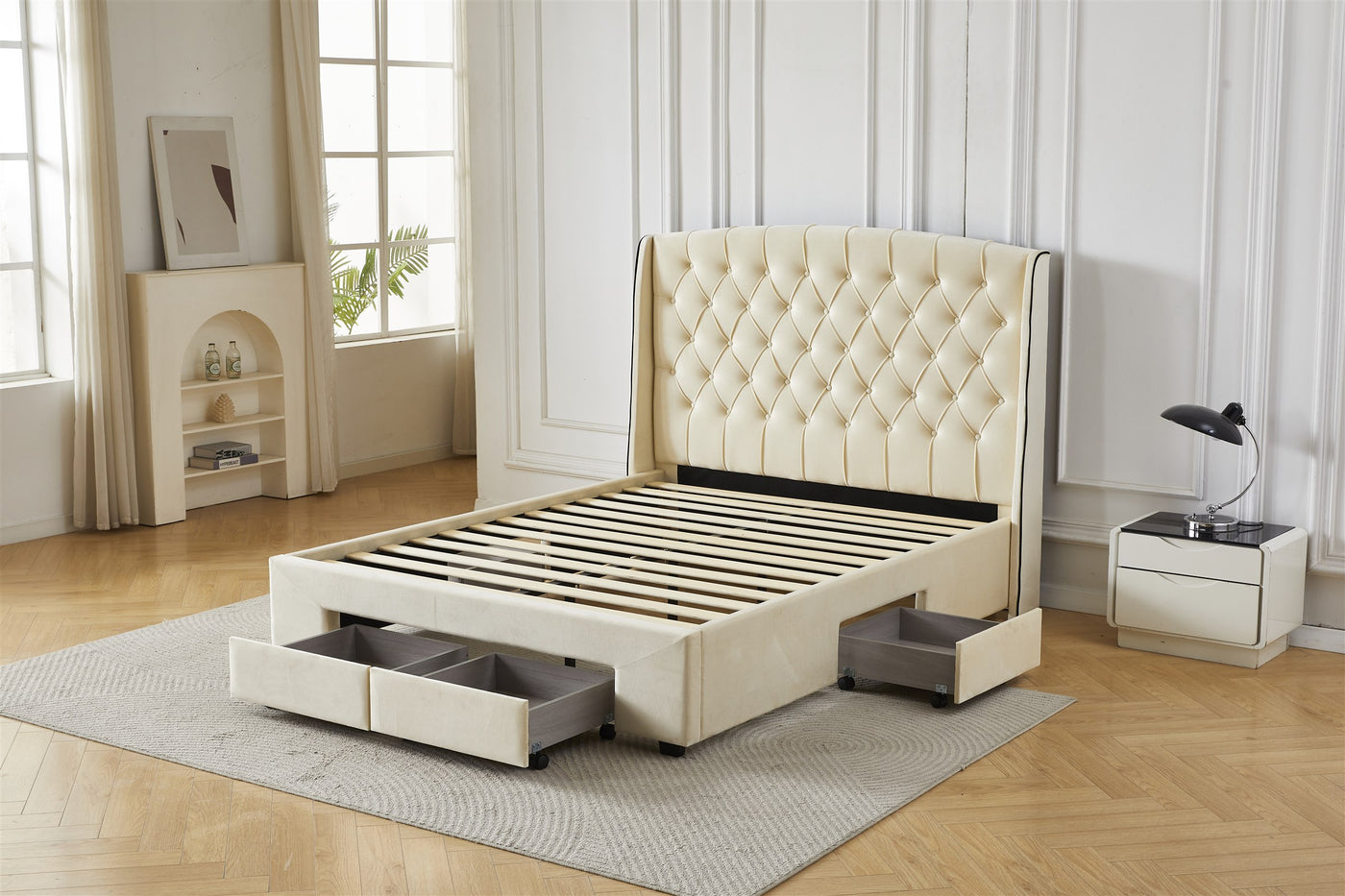Cream tufted bed frame with drawers open