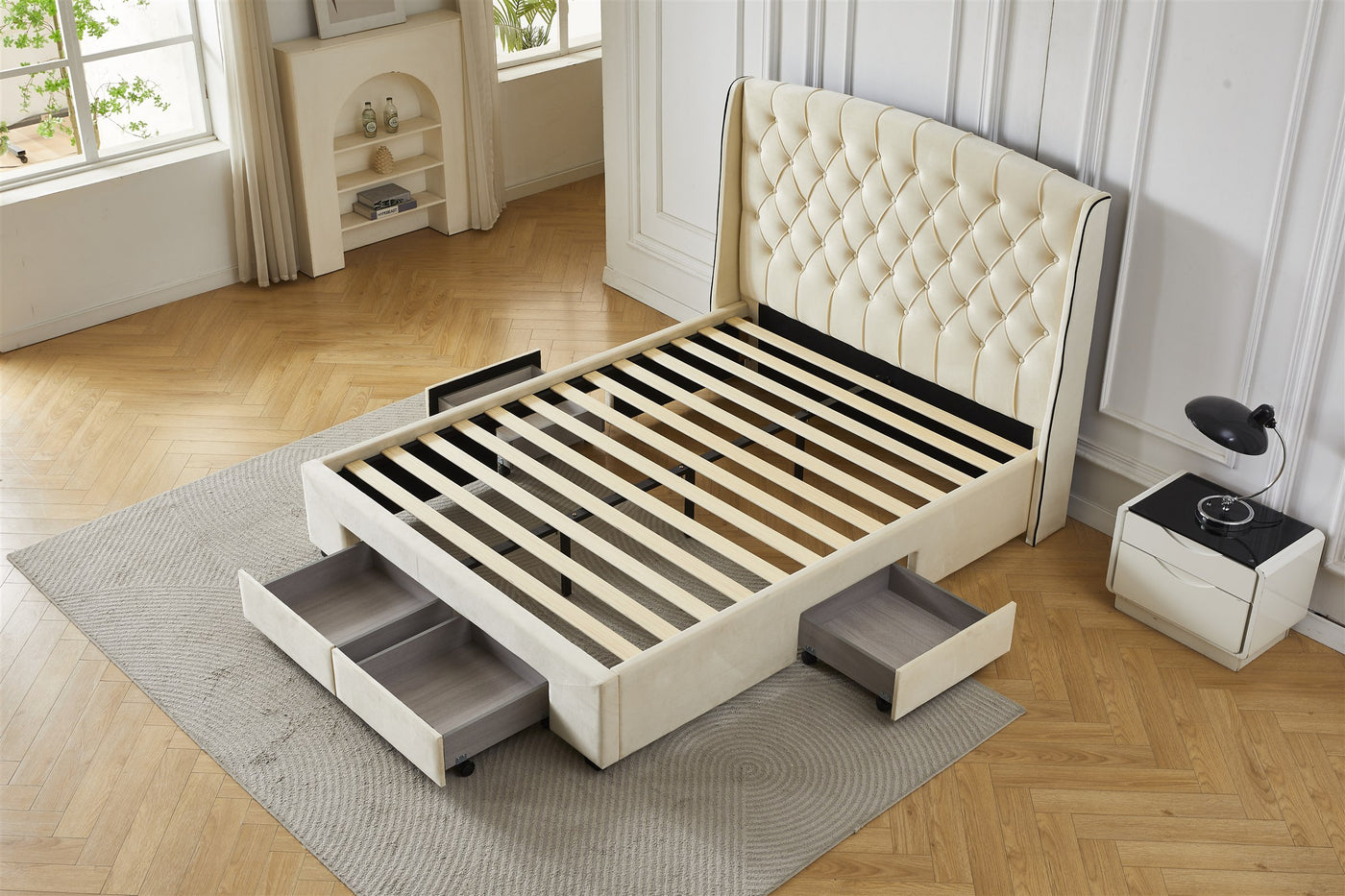 Cream tufted bed frame with drawer storage, high angle