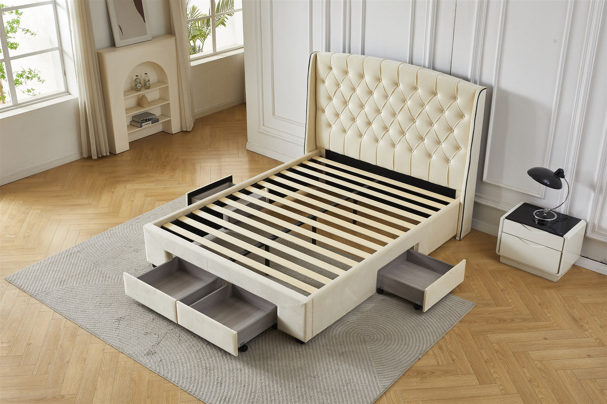 Cream tufted bed frame with side storage drawers