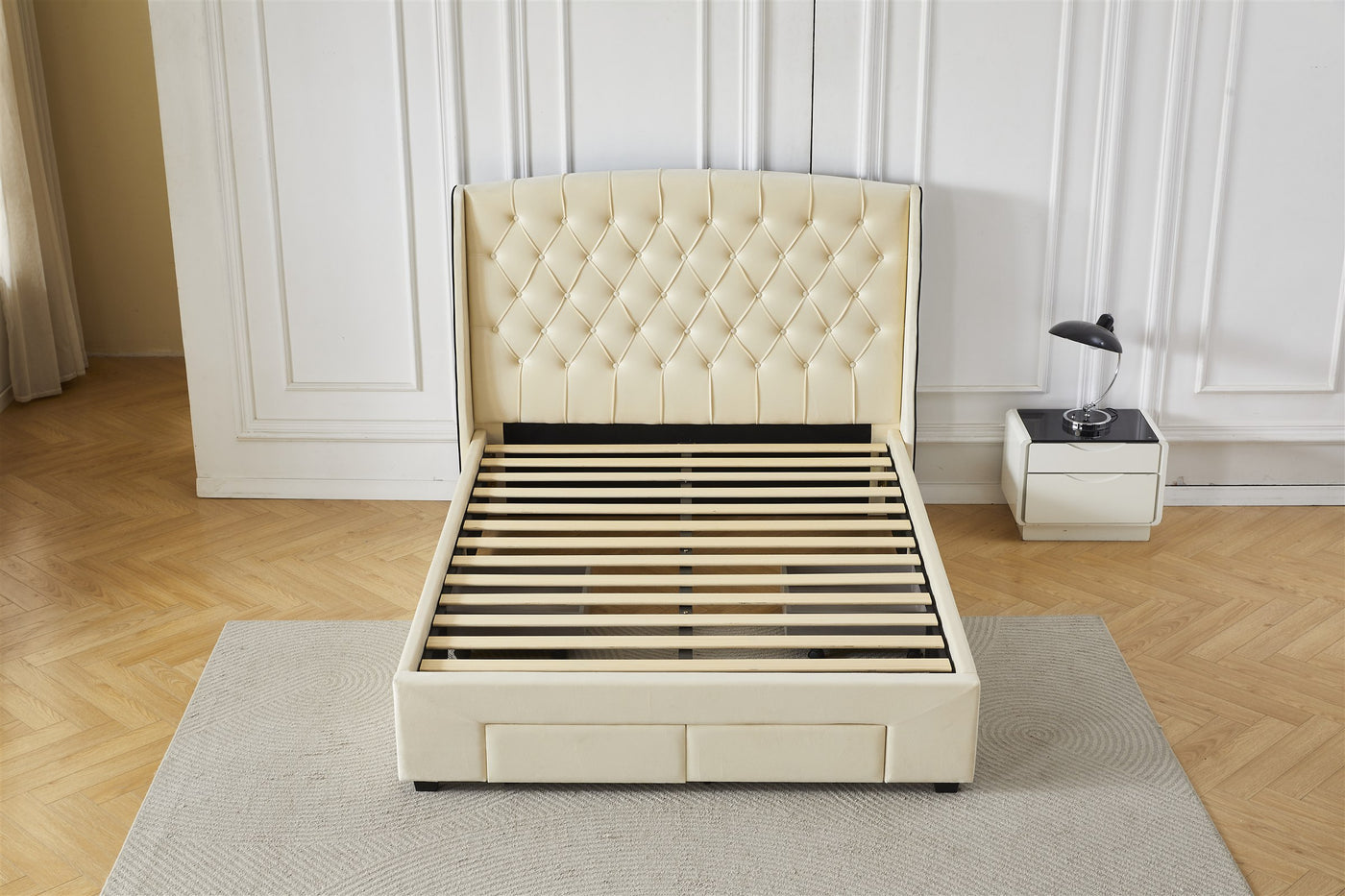 Cream tufted bed frame without mattress