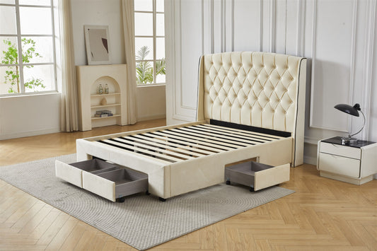 Cream tufted bed frame with drawers open, angled front view