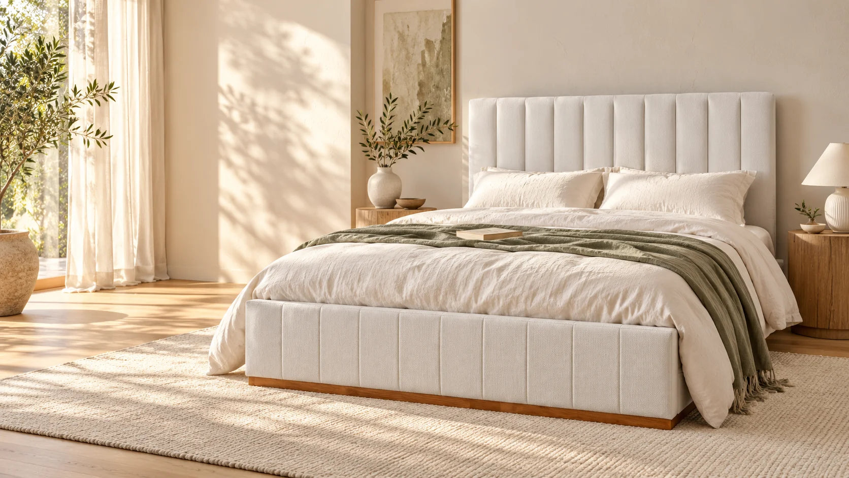 Beige channel bed styled with ivory linen and a sage throw in a sunlit bedroom