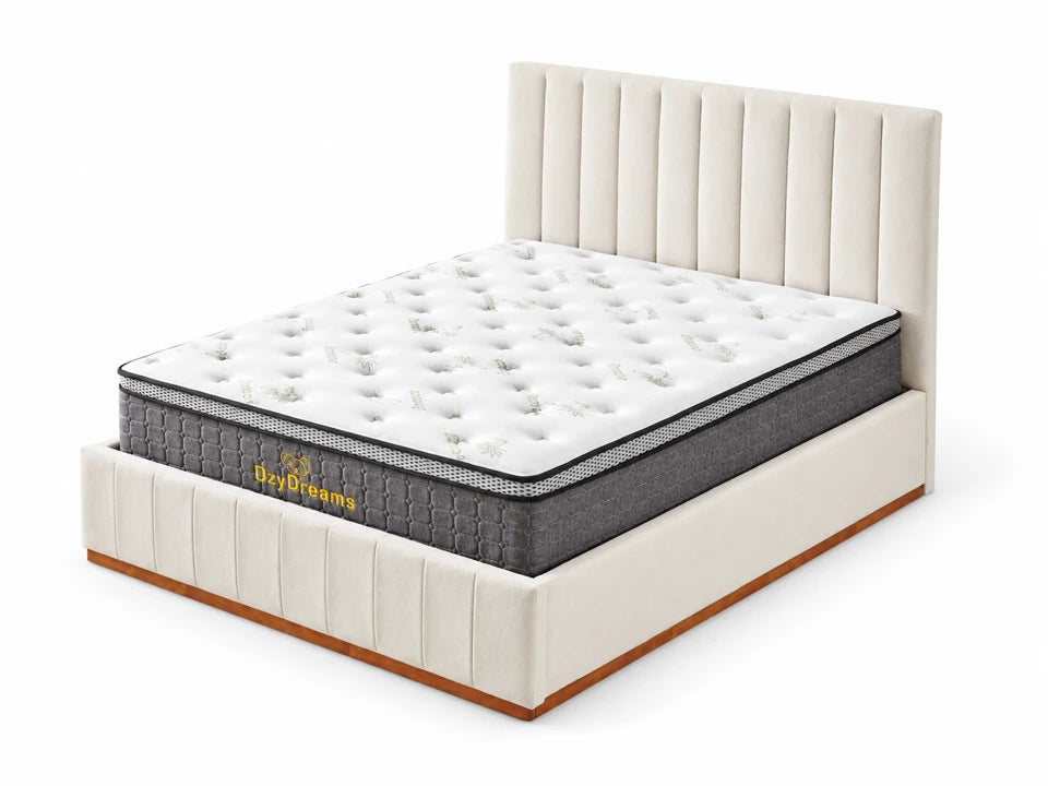 Beige Channel Bed Frame with 30cm Bamboo Pillow Top Mattress