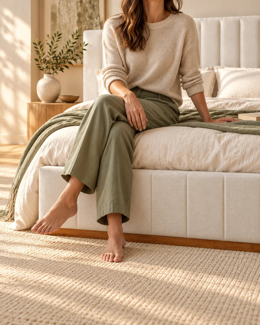 A woman sitting comfortably on a beige upholstered bed