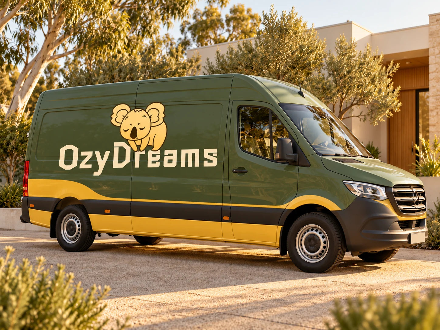 AI-created OzyDreams delivery van in green and yellow outside an Australian home