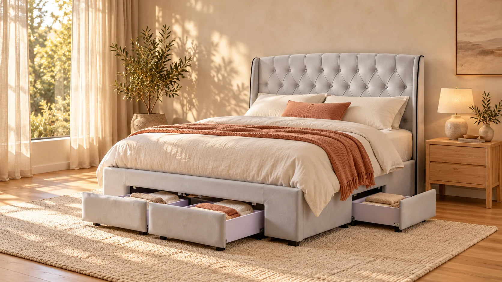 Grey diamond storage bed with open drawers and warm linen bedding