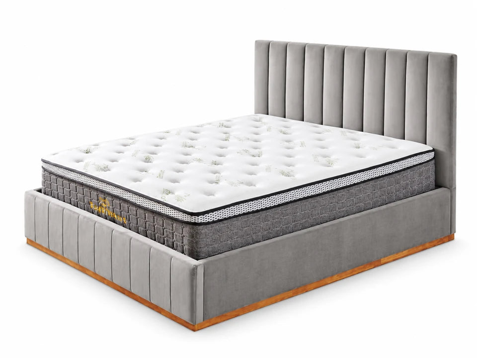 Grey Velvet Channel Bed Frame + White 30cm Pillow Top Bamboo Mattress